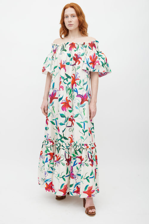 La DoubleJ White & Multicolour Floral Off The Shoulder Dress