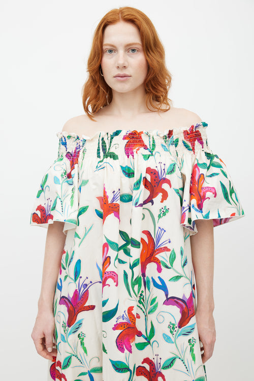 La DoubleJ White & Multicolour Floral Off The Shoulder Dress