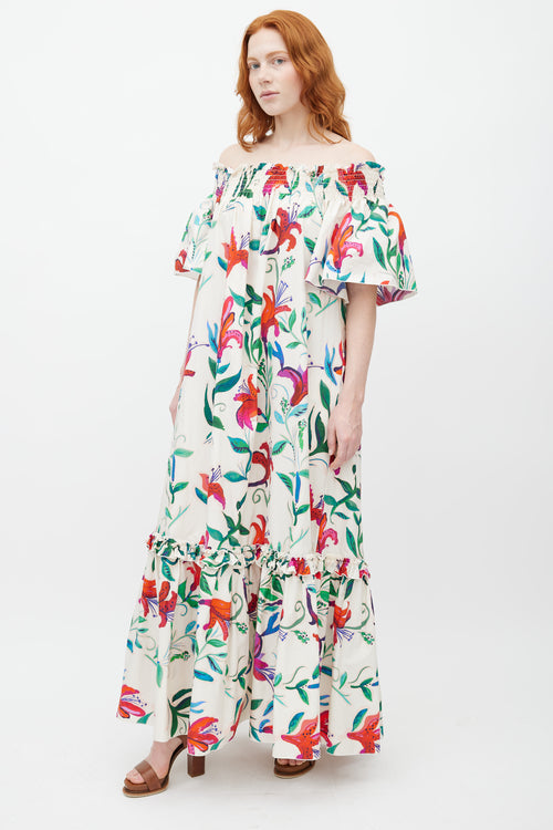 La DoubleJ White & Multicolour Floral Off The Shoulder Dress