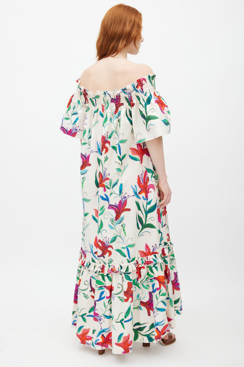 La DoubleJ White & Multicolour Floral Off The Shoulder Dress