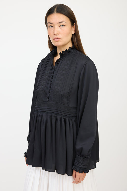 Lafayette Black Ruffled Embroidered Top