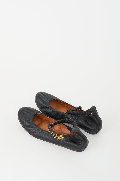 Lanvin Black & Gold Leather Braided Strap Ballet Flat