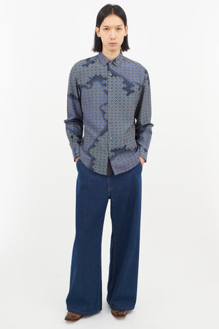 Lanvin Blue & Multicolour Silk Geometric Shirt