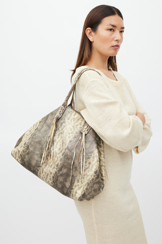Lanvin Brown & Beige Textured Leather Metallic Tote Bag