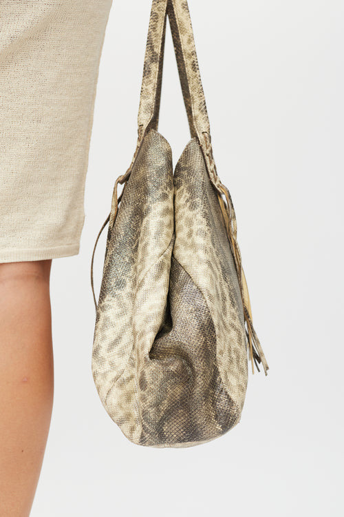 Lanvin Brown & Beige Textured Leather Metallic Tote Bag