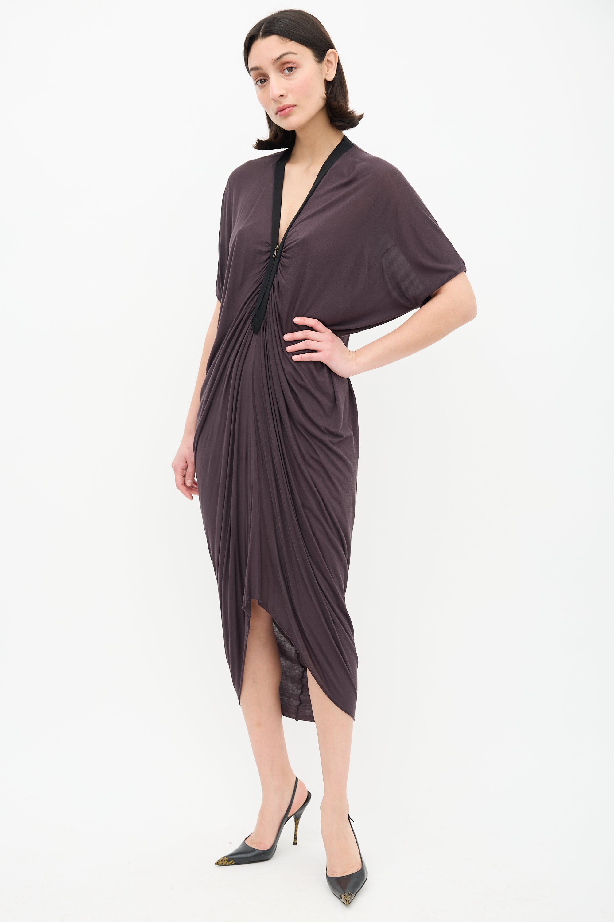 Lanvin // Dark Grey Draped V-Neck Dress VSP Consignment Lanvin // Dark Grey Draped V-Neck Dress VSP Consignment