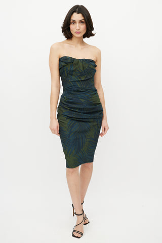 Lanvin Green & Navy Leaf Print Bustier Dress