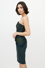 Lanvin Green & Navy Leaf Print Bustier Dress