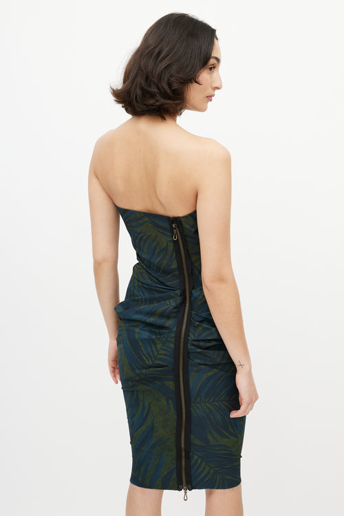 Lanvin Green & Navy Leaf Print Bustier Dress