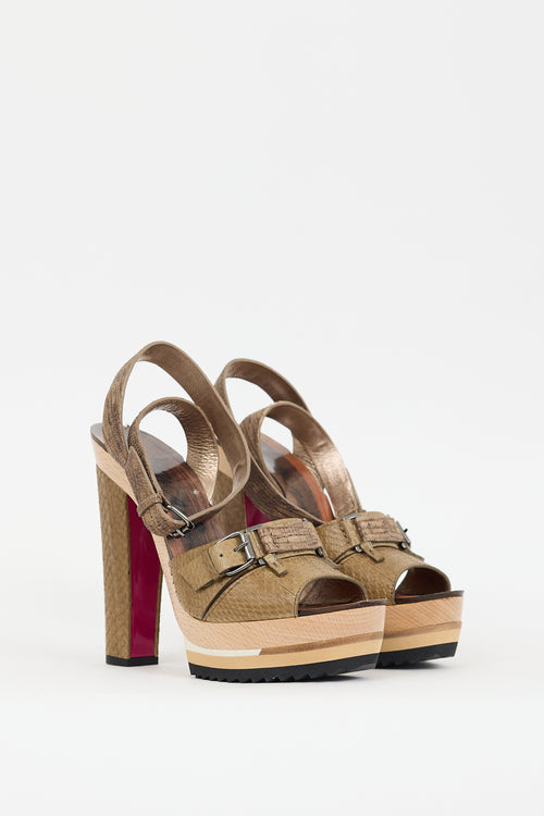 Lanvin Khaki Green & Multicolour Textured Leather Platform Heel