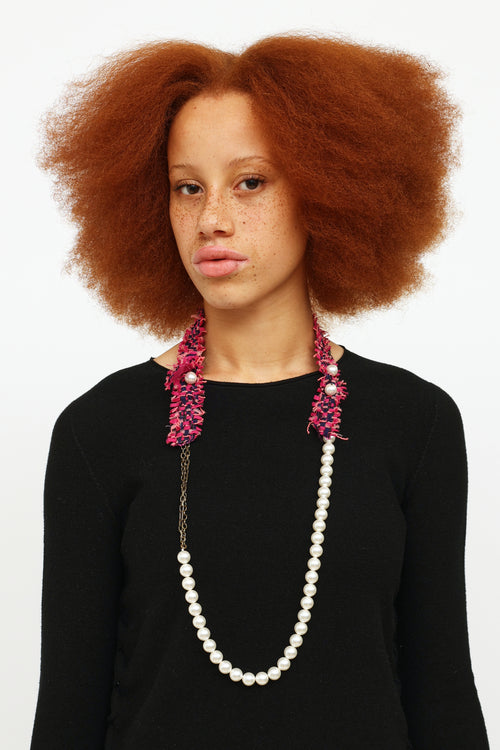 Lanvin Pink Tweed & Faux Pearl Necklace