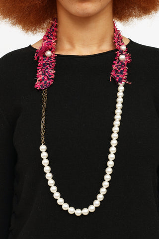 Lanvin Pink Tweed & Faux Pearl Necklace