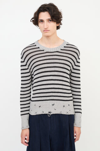 Lardini Grey & Black Wool Distressed Knit Striped Sweater