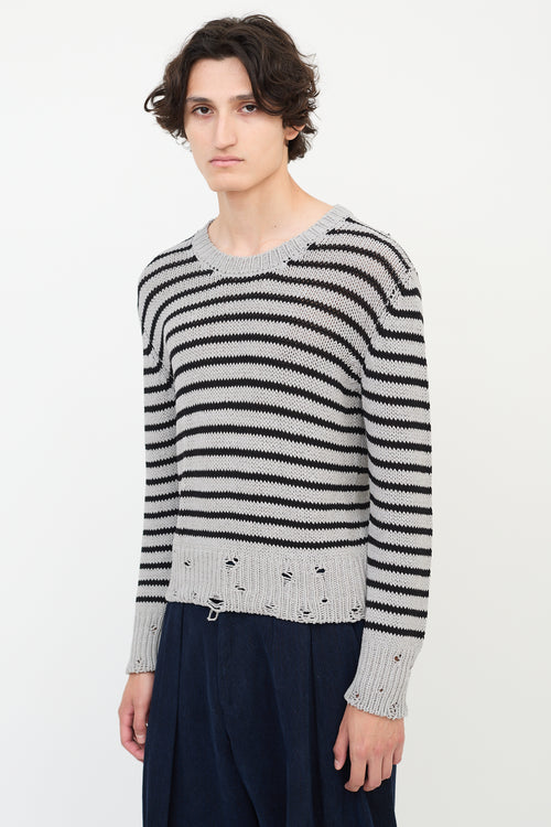 Lardini Grey & Black Wool Distressed Knit Striped Sweater