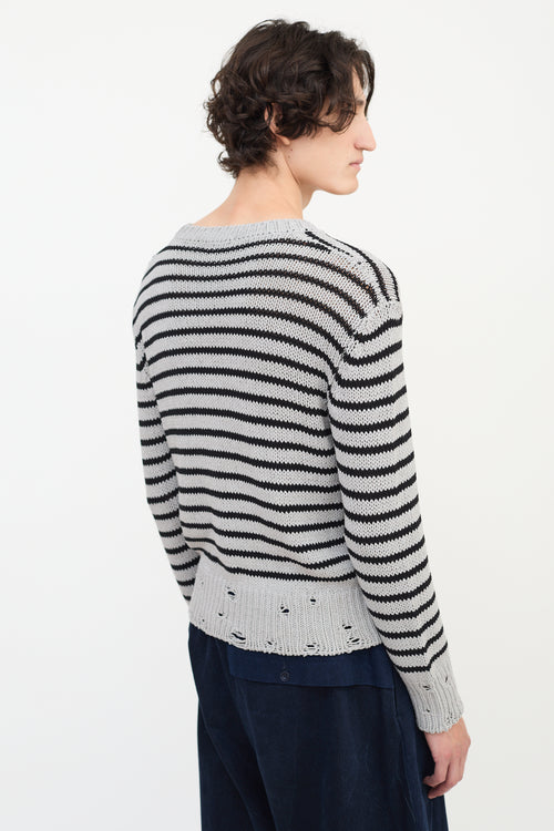 Lardini Grey & Black Wool Distressed Knit Striped Sweater