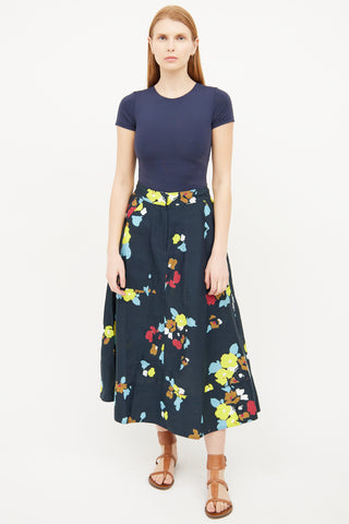 Lee Mathews Navy Floral Print Midi Skirt