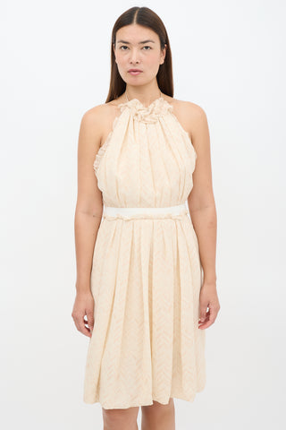 Lela Rose Beige Silk Chevron Halter Neck Dress