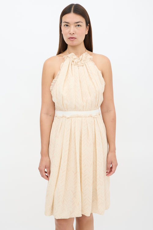 Lela Rose Beige Silk Chevron Halter Neck Dress