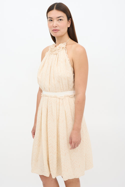 Lela Rose Beige Silk Chevron Halter Neck Dress