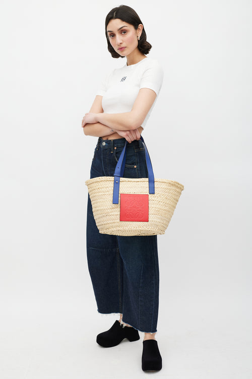 Loewe Brown & Blue Woven Basket Palm Leaf Bag