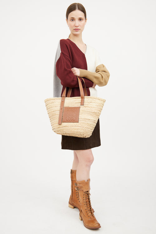 Brown Leather Logo Straw Tote Bag