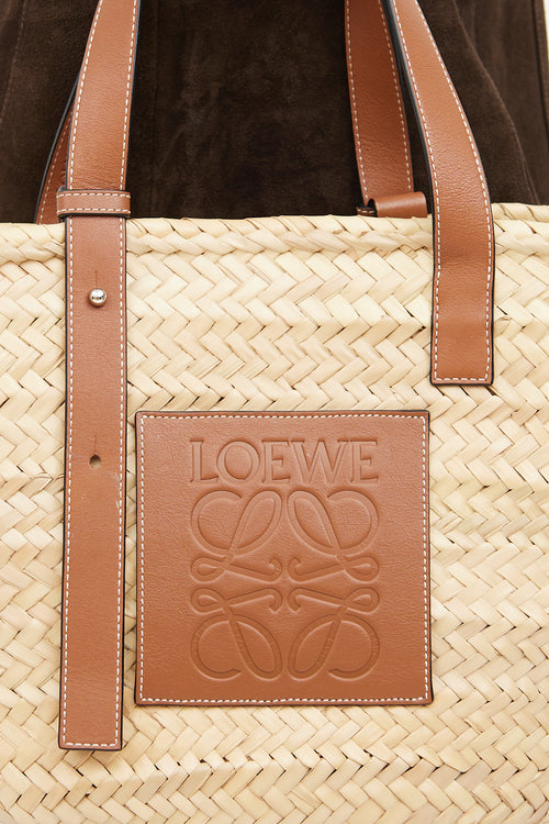 Brown Leather Logo Straw Tote Bag