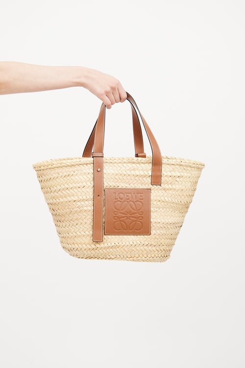 Brown Leather Logo Straw Tote Bag