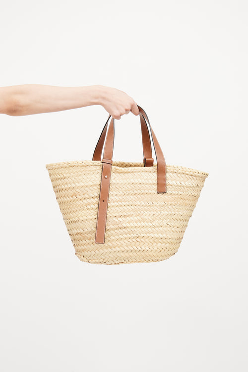 Brown Leather Logo Straw Tote Bag