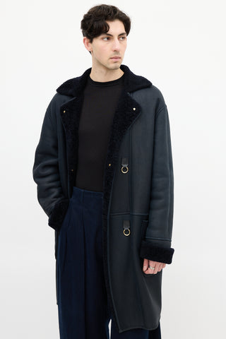 Loewe Navy Leather & Shearling Embellished Coat