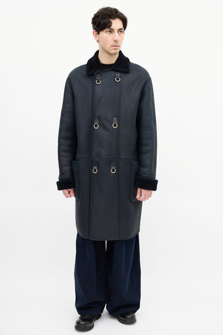 Loewe Navy Leather & Shearling Embellished Coat