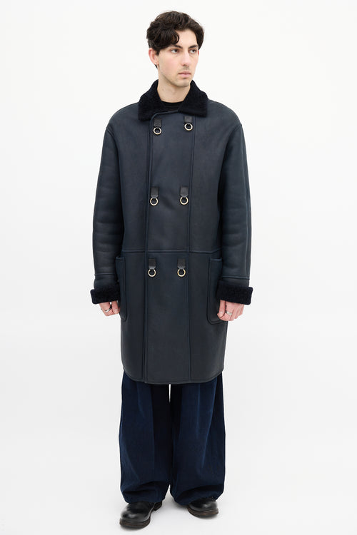 Loewe Navy Leather & Shearling Embellished Coat