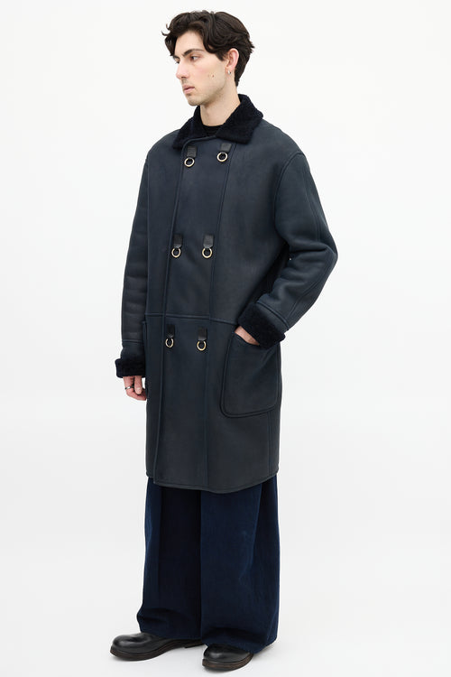 Loewe Navy Leather & Shearling Embellished Coat