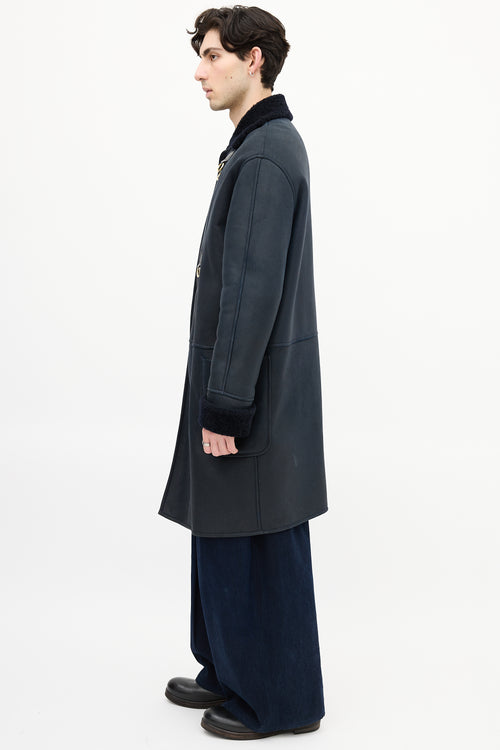 Loewe Navy Leather & Shearling Embellished Coat