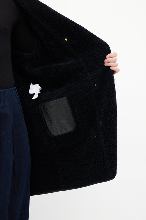 Loewe Navy Leather & Shearling Embellished Coat