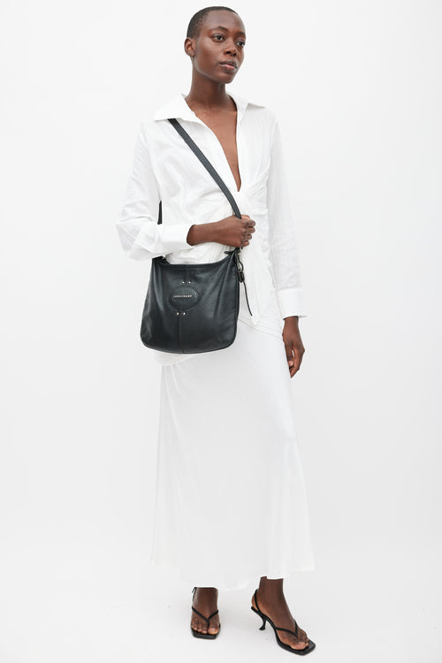 Longchamp Black Textured Leather Quadri Crossbody Bag