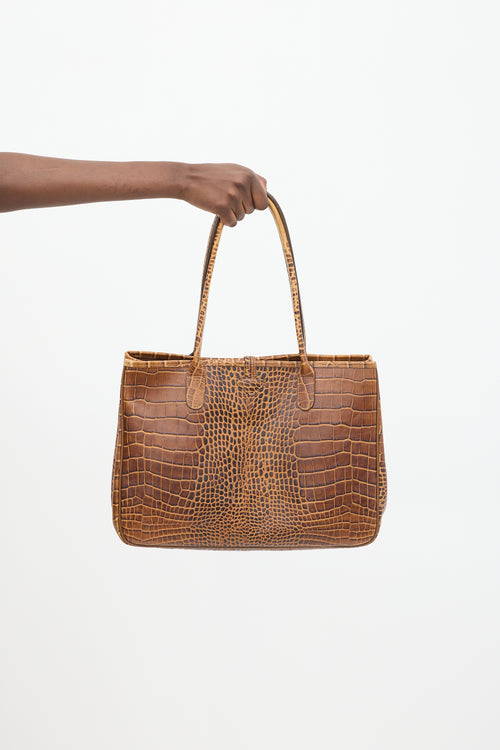 Longchamp Brown Leather Embossed Roseau Tote