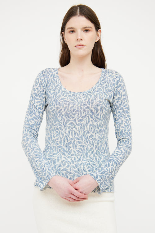 Loro Piana White & Blue Foliage Print Long Sleeve Top