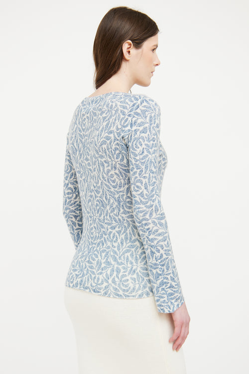 Loro Piana White & Blue Foliage Print Long Sleeve Top