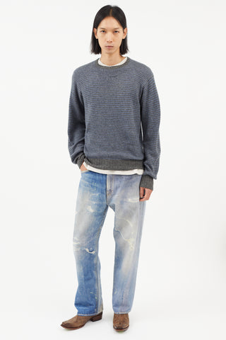 Loro Piana Blue & Grey Cashmere Striped Knit Sweater