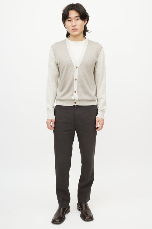 Loro Piana Grey & Brown Houndstooth Knit Cardigan