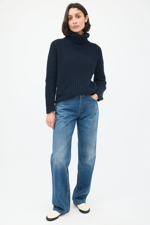 Loro Piana Navy Cashmere Ribbed Turtleneck Sweater