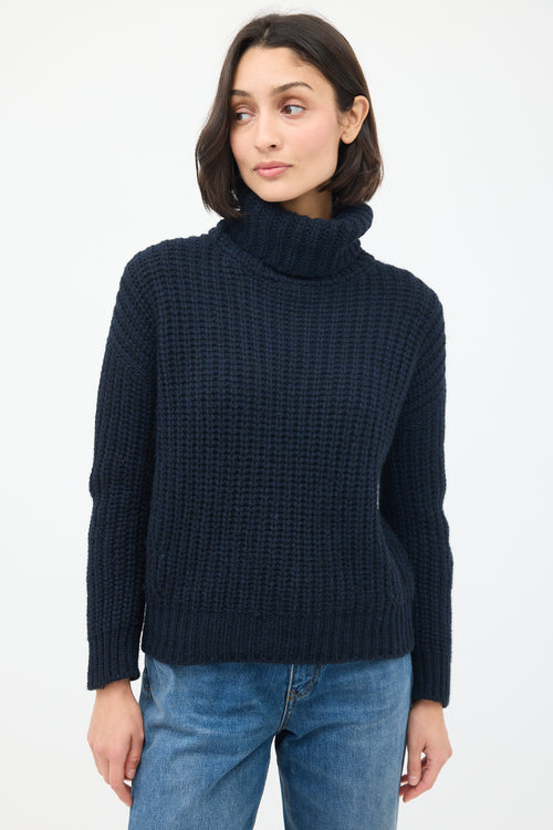 Loro Piana Navy Cashmere Ribbed Turtleneck Sweater