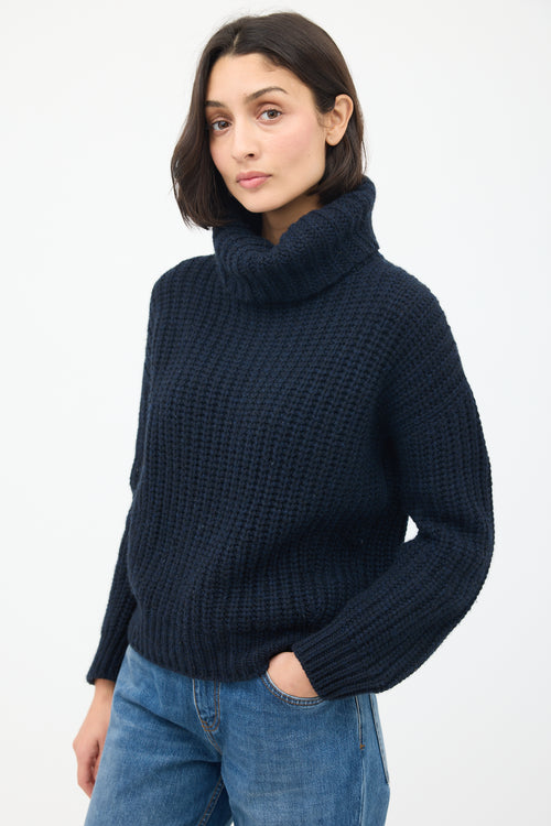 Loro Piana Navy Cashmere Ribbed Turtleneck Sweater