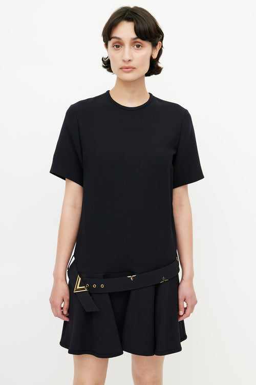 Louis Vuitton Black & Gold Belted Wool Dress