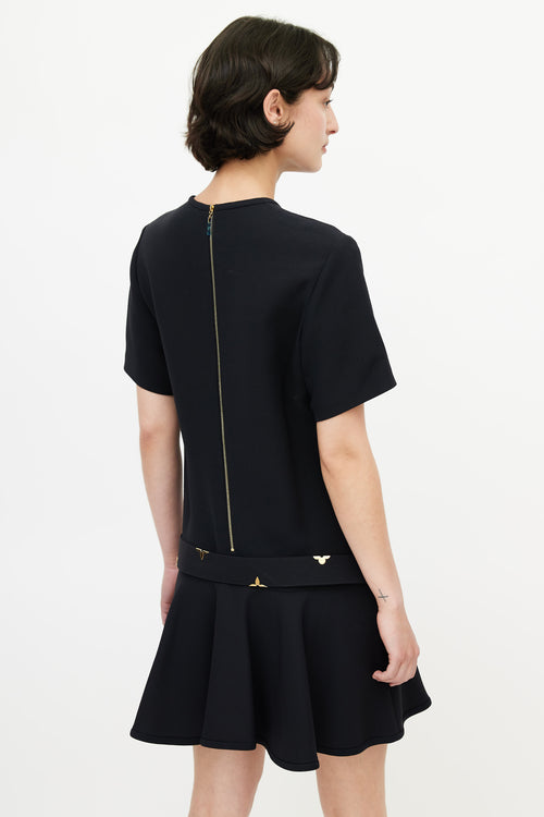 Louis Vuitton Black & Gold Belted Wool Dress