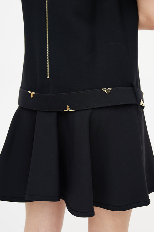 Louis Vuitton Black & Gold Belted Wool Dress
