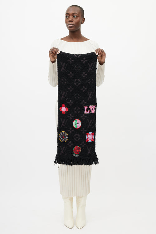 Louis Vuitton Black & Multicolour Floral Monogram Wool Scarf
