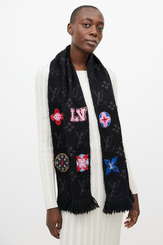 Louis Vuitton Black & Multicolour Floral Monogram Wool Scarf