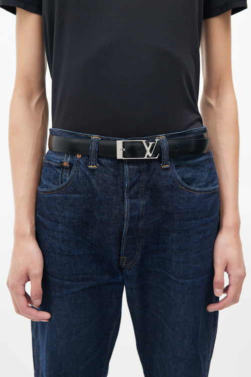 Louis Vuitton Black & Silver Leather Logo Belt