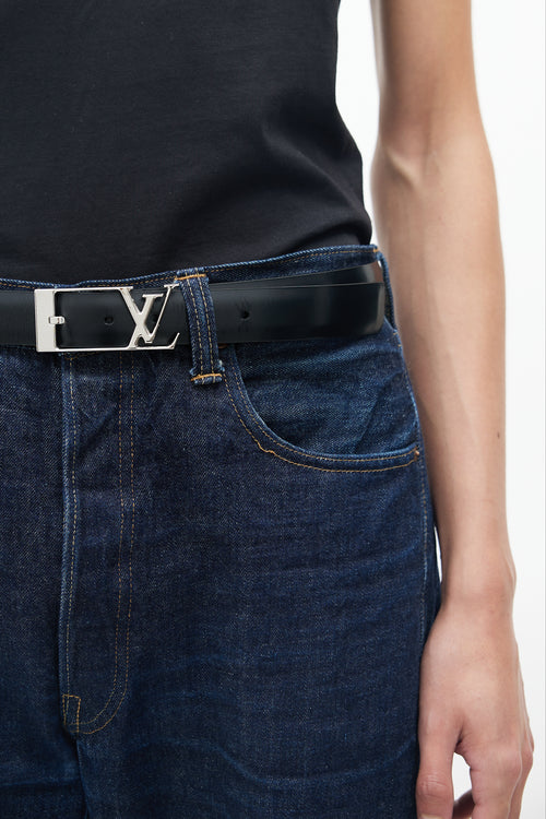 Louis Vuitton Black & Silver Leather Logo Belt